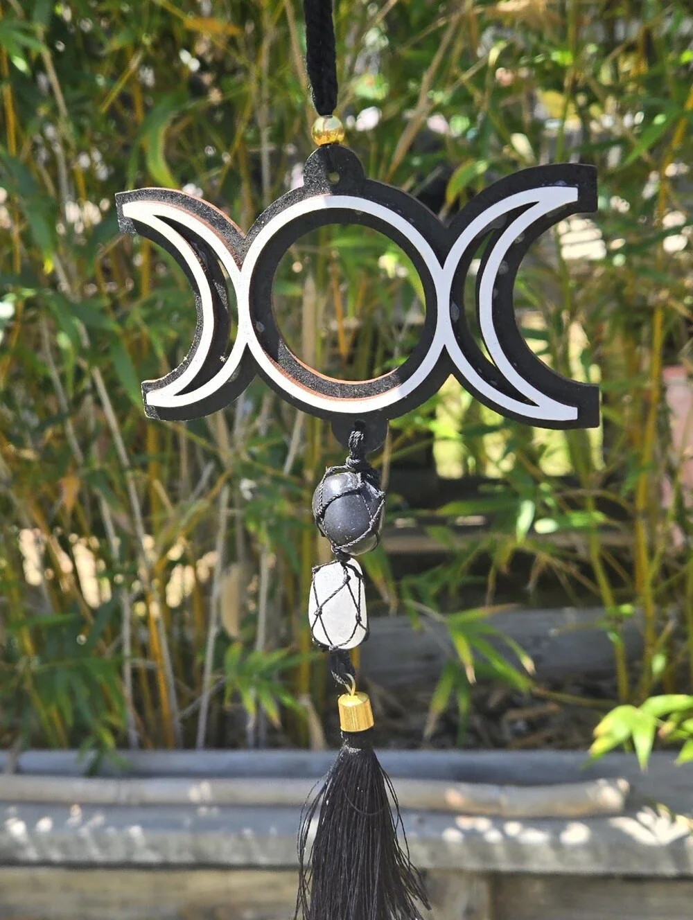 Triple Moon Wall Hanging in Black and White with Gold Accents